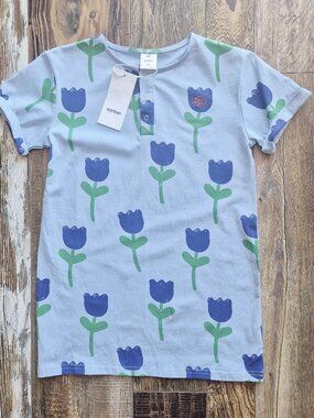 NWT Wynken Bird Blue Onda Tulips Tee-Shirt Snap Short Sleeve Cotton